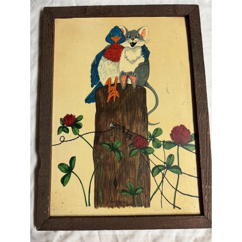 Mouse & Bird Peep & Squeak Painting On Art Board Hand Painted 1984